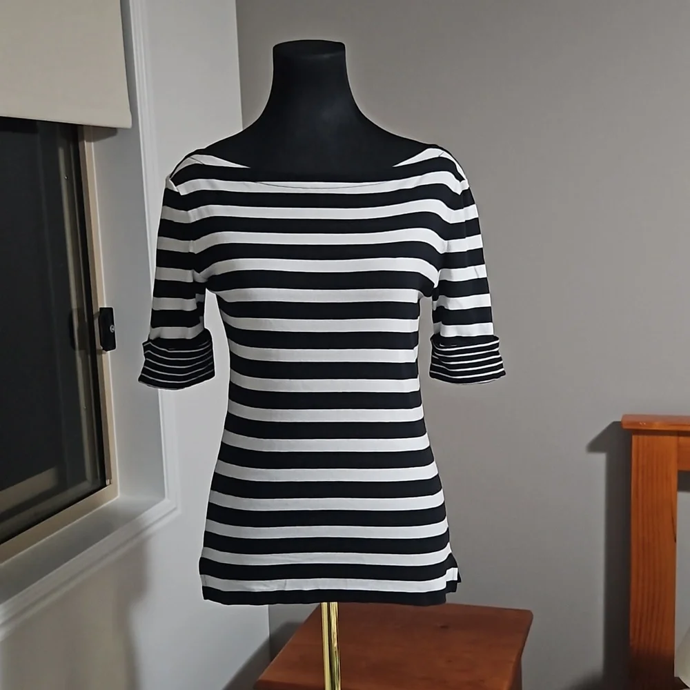 Ralph Lauren Cotton Black & White Stripped Ladies Top Size S. Sleeves ½-Length - Picture 1 of 11